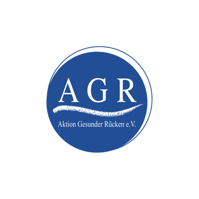 Circular blue AGR logo (Aktion Gesunder R&uuml;cken e.V.) with white &ldquo;AGR&rdquo; lettering and the full name &ldquo;Aktion Gesunder R&uuml;cken e.V.&rdquo; written out below a curved line.